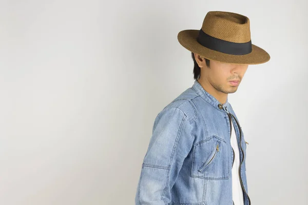 Young Asian Man in Jeans or Denim Jacket Wear Hat on Right Frame — Stock Photo, Image