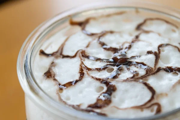 Mocha Coffee Chocolate Art Frothing Milk Right Frame Wood Background — Stock Photo, Image