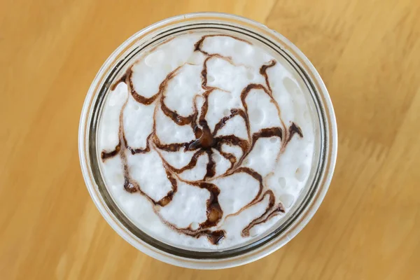 Mocha Coffee Chocolate Art Frothing Milk Center Frame Wood Background — Stok fotoğraf