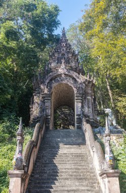 Phayao, Tayland - 1 Aralık 2019: Pagoda or Stupa Door of Wat Analayo or Analayo Temple and Forest Background in Portre and Wide Angle View