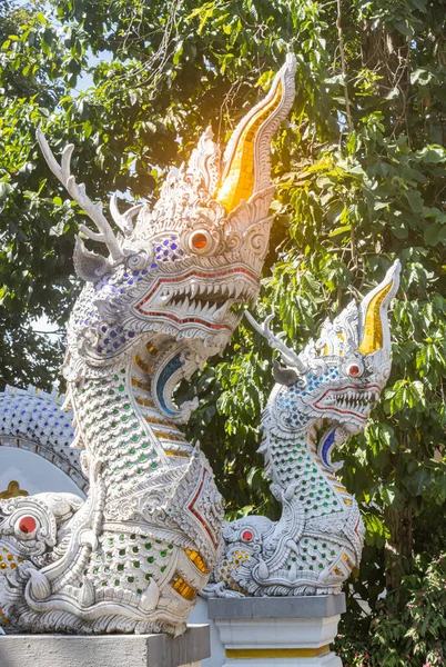 Phayao Таїланд Dec 2019 Two Serpent Naga Statue Green Tree — стокове фото