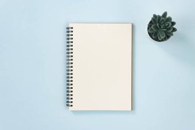 Mavi Pastel Minimalist Arkaplan Üzerine Çizgisiz Tip ve Ofis Bitkisi İçinde Spiral Not Defteri