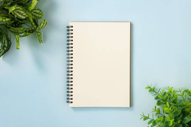Mavi Pastel Minimalist Arkaplanda Üst Sol Köşe ve Sağ Alt Köşedeki Çizgisiz Tip ve Ofis Bitkilerinde Spiral Notebook veya Spring Notebook