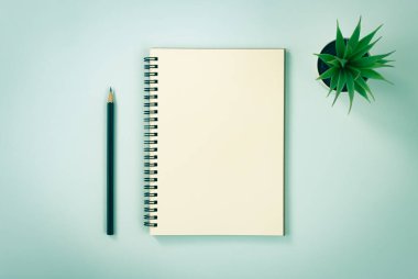 Spiral Not Defteri veya Çizgisiz Tür ve Ofis Bitkisi ve Mavi Pastel Minimalist Özgeçmişi Üzerine Kalem