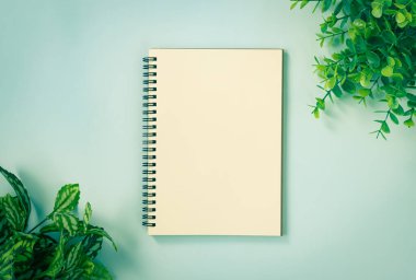 Spiral Notebook veya Spring Notebook in Unline Type and Office Plants at Top Right Corner and Bottom Left Corner on Blue Pastel Minimalist Arkaplan
