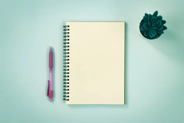 Spiral Not Defteri ya da Satırdışı Tür ve Kalem ve Ofis Bitkisi Üzerinde Mavi Pastel Minimalist Arkaplan