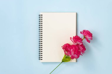 Spiral Notebook ya da Spring Notebook in Unline Type and Red Flower at Bottom Right on Blue Pastel Minimalist Background. Orta Çerçevede Spiral Not Defteri Model
