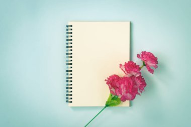 Spiral Notebook ya da Spring Notebook in Unline Type and Red Flower at Bottom Right on Blue Pastel Minimalist Background. Vintage Tondaki Orta Çerçevede Spiral Not Defteri Model