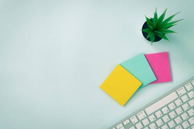 Modern Temiz Ofis Masasında 3 Yapışkan Not ve Ofis Bitkisi ve Bilgisayar Klavyesi Ya da Üst Görünüm veya Düz Yerde Ofis Masası. Mavi Çalışma Alanı Minimalist Arkaplan ve Klasik Ton Ofis Malzemeleri