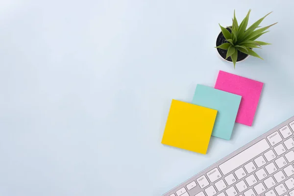 3 Sticky Note and Office Plants and Computer Keyboard on Modern Clean Creative Office Desk or Office Table on Top View or Flat Lay. Blue Workspace Minimalist Background and Office Supplies