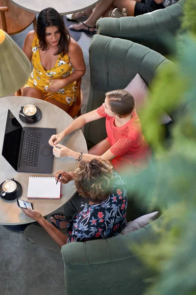 Foto candida di tre diversi amici millenari che parlano di caffè con computer portatile in un bar luminoso che serve caffè equo e solidale — Foto Stock