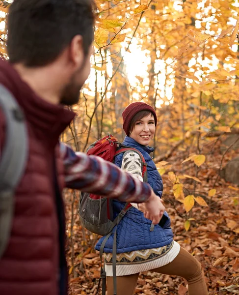 POV picture of an attractive caucasian couple hiking through the forest in the fall in Canada — Stock Photo, Image