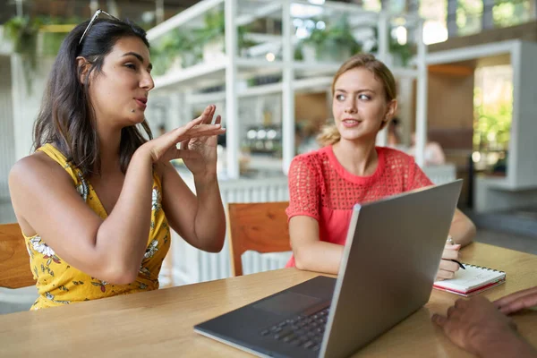 Őszinte életmód felvétel két gyönyörű trendi millenniumi többnemzetiségű diákok tanul együtt laptop számítógép és jegyzettömb fényes modern kávézó — Stock Fotó