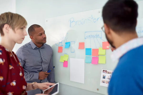 Diverse team of creative millennial coworkers in a startup brainstorming strategies with post its — Stock Photo, Image