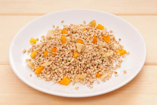 Germinated Grains Sprouts Seeds Sprouted Buckwheat Banana Persimmon Healthy Meal — Stock Photo, Image