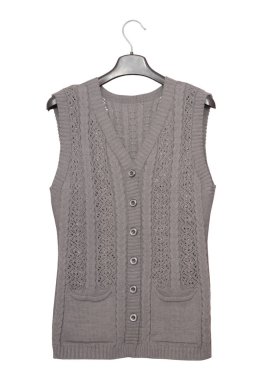 grey knitted vest, warm clothing for the elderly, isolated woolen sleeveless is on white background,  female waistcoat with pockets,  autumn clothes is on  clothes-hanger clipart