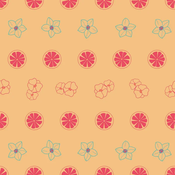 Vector Orange Blossom Seamless Pattern Turquoise Red Flowers Orange Slices — ストックベクタ