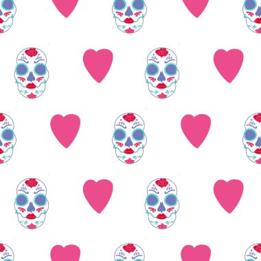 Eflatun, kırmızı, pembe kafatası ve kalpleri olan kusursuz cadılar bayramı. Kumaş, hatıra defteri ve duvar kağıdı projeleri için mükemmel..