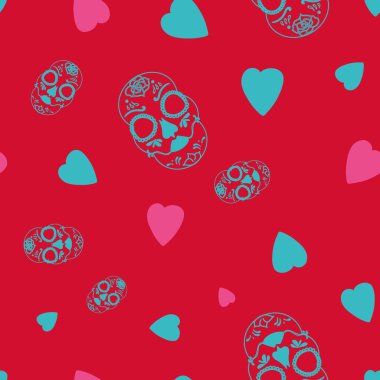 Turkuaz kafatası ve pembe kalpleri olan büyüleyici bir Cadılar Bayramı deseni. Kumaş, hatıra defteri ve duvar kağıdı projeleri için mükemmel..