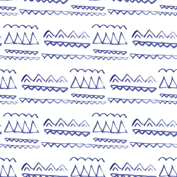 Vector naadloos patroon etnische indigo aquarel met blauwe trinagles, chevrons en witte achtergrond. — Stockvector