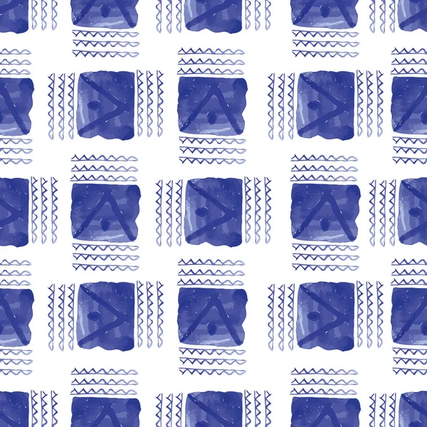 Vector naadloos patroon etnische indigo aquarel met blauwe vierkante zig zag en witte achtergrond. — Stockvector