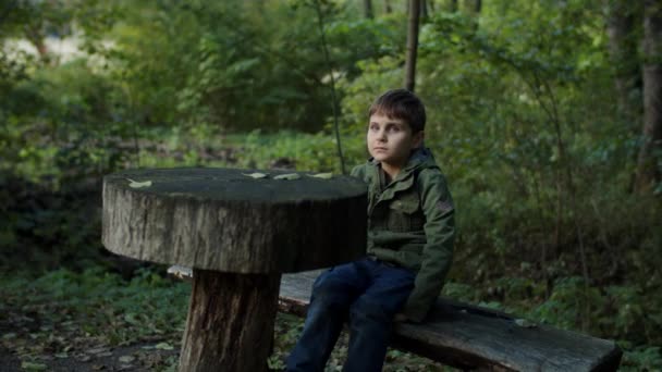 Nachdenklicher Junge, der auf der Bank im Wald sitzt und sich umschaut. Aufnahme per Steadicam in Zeitlupe. — Stockvideo