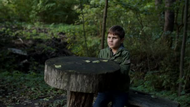 Pensieve jongen zittend op de bank in het bos en rondkijkend. Schiet door standvastig in slow motion. — Stockvideo