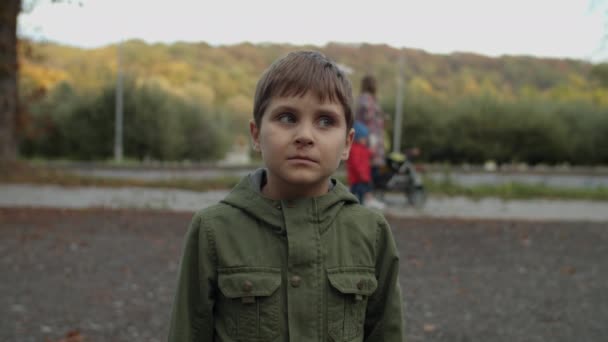Portret autystycznego chłopca stojącego i rozglądającego się po jesiennym parku. Strzelaj w zwolnionym tempie, Steadicam. — Wideo stockowe