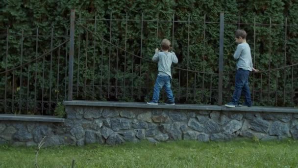 Due fratelli che camminano vicino alla recinzione al rallentatore. Ragazzi che giocano e corrono nel parco autunnale. Spara con steadicam . — Video Stock