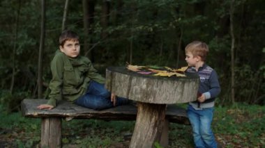Çocuklar sonbahar ormanlarında yavaş çekimde renk yaprakları topluyor. Sonbahar parkında genç sarışın bir çocuk ve otistik kardeşi bankta yatıyor.. 