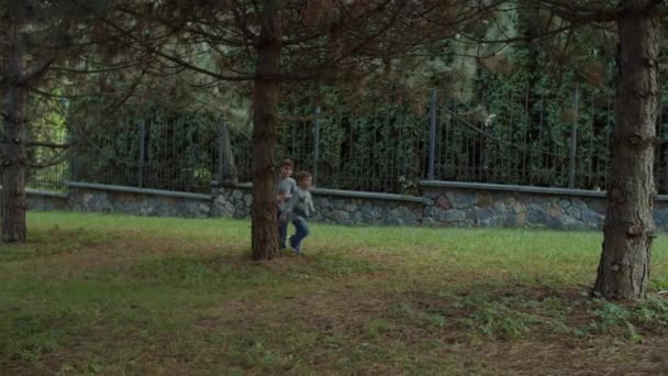 Two brothers running in beautiful autumn park in slow motion. Boys playing and running in fall park. Shoot with steadicam. — Stock Video