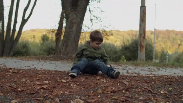 Niño autista en chaqueta sentado en el suelo y jugando con hojas en el parque de otoño. Dispara en cámara lenta, steadicam . — Vídeo de stock