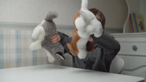 スローモーションで2匹の柔らかい子犬のおもちゃで遊んでいる自閉症の少年。自閉症の巨大な柔らかい犬のおもちゃを持つ子供。自閉症の認識 — ストック動画