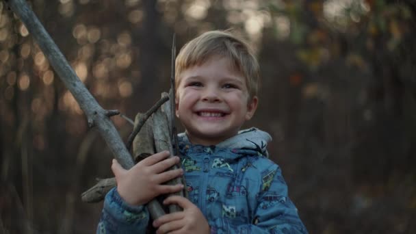落日下,男孩缓缓地在秋天的森林里抱着干树枝的中间计划. 金发小子拿着树枝对着摄像机笑. — 图库视频影像