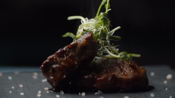 Close-up van biefstuk met microgroen en zout draaiend op zwarte achtergrond in slow motion. Twee stukken filet mignon — Stockvideo