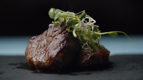 Närbild av nötkött biff med mikrogrön roterande på svart bakgrund i slow motion. Två bitar filet mignon som saltas — Stockvideo