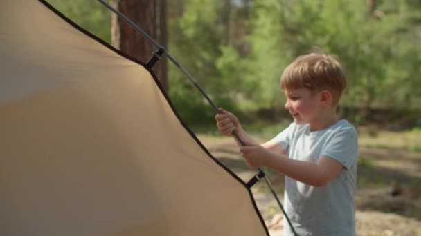 Två kvinnor och två pojkar som har sommarcampingsemester i skogen. Lycklig familj med två mödrar och två söner satte upp tält för camping. Slow motion, steadicam skott. — Stockvideo