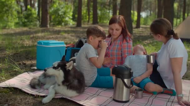 Due madri e due figli che bevono tè sulla coperta da picnic durante le vacanze estive in campeggio con tenda nella foresta. Famiglia felice con il cane. Rallentatore, colpo costante . — Video Stock