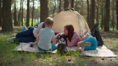 İki anne, iki oğul ve Sibirya Husky köpeği yaz tatilinde ormanda çadırla piknik battaniyesinde eğleniyorlar. Yavaş çekim, sabit çekim..
