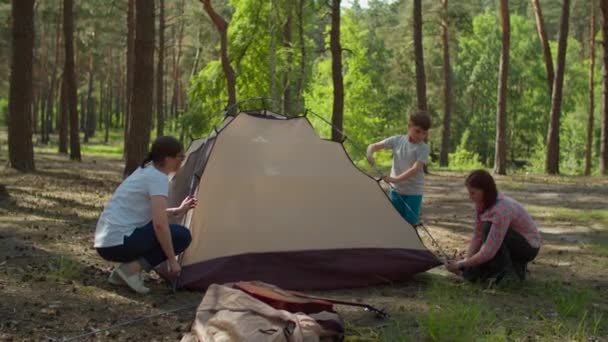 Två kvinnor och två pojkar som har sommarcampingsemester i skogen. Lycklig familj med två mödrar och två söner satte upp tält för camping. Slow motion, steadicam skott. — Stockvideo