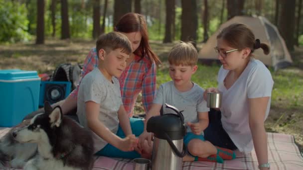 Twee moeders en twee zoons drinken thee op een picknickdeken tijdens de zomervakantie met tent in het bos. Een jongen die warme drank uit de thermoskan giet. Langzame beweging, standvastig schot.. — Stockvideo