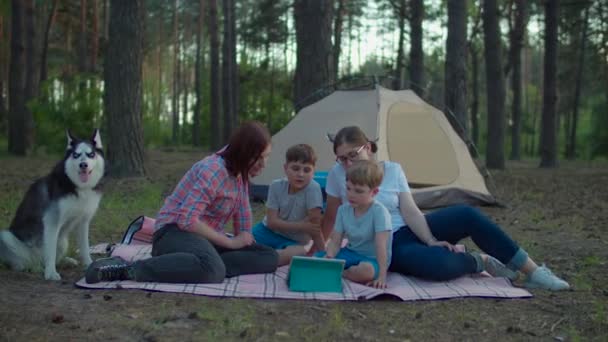 Duas mães dos anos 30 e dois filhos assistindo tablet computador deitado em cobertor de piquenique no verão acampando férias com barraca na floresta. Família feliz com cão Husky siberiano. Movimento lento, steadicam tiro . — Vídeo de Stock