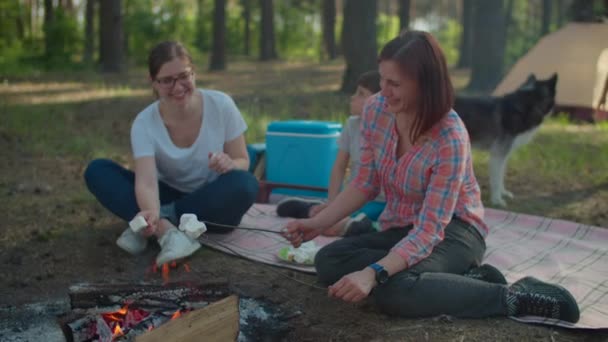 Dwie matki rozmawiające i trzymające pałeczki z piankami w ogniu. Rodzina z psem mająca letnie wakacje w lesie. Zwolnij, Steadicam shot. — Wideo stockowe