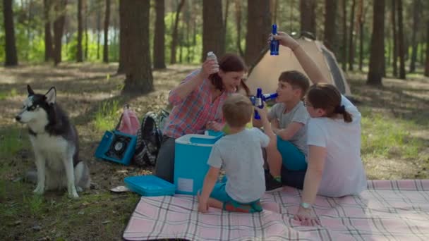 Två mammor och två söner dricker kalla drycker från kylskåpet på picknickfilt under sommarfamiljens campingsemester med tält i skogen. Lycklig familj med den sibiriska hunden Husky. Steadicam skjuten. — Stockvideo
