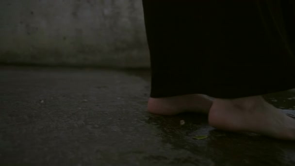 Primer plano de las piernas femeninas caminando en el agua al atardecer. Descalza señora por la noche estanque disfrutar de tiempo a solas . — Vídeo de stock