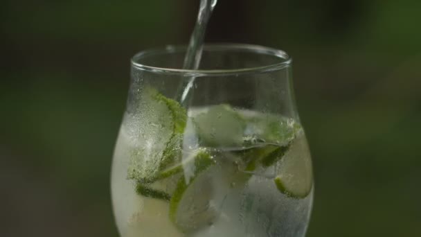 Primer plano de vidrio giratorio con limonada fresca. Rotación en cámara lenta de bebidas frías. Soda vertiendo en el vaso con limones y menta . — Vídeo de stock