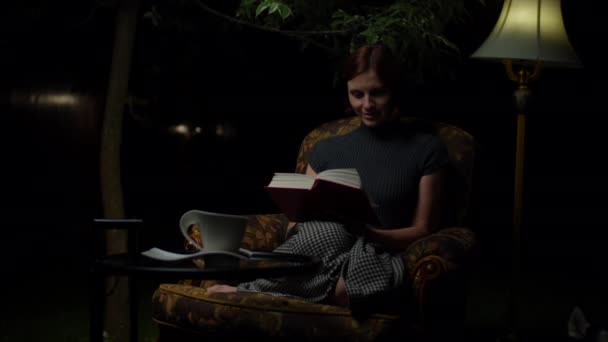 Брюнетка 30-х годов читает книгу сидя в уютном кресле с напольной лампой на заднем дворе. Женщина держит и читает бумажную книгу дома . — стоковое видео
