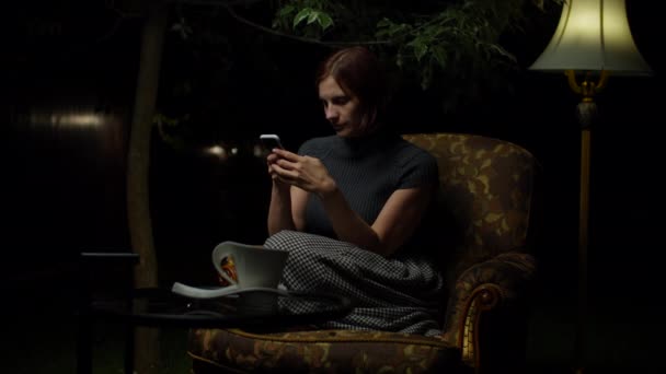 Joven mujer feliz lee buenas noticias en el teléfono móvil y aplaude tarde en la noche sentada sola en un acogedor sillón con lámpara de pie en el patio trasero . — Vídeo de stock