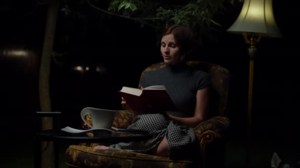 Mujer morena de 30 años leyendo poesía en voz alta sentada en un acogedor sillón con lámpara de pie en el patio trasero. Mujer sosteniendo y leyendo libro de papel en casa . — Vídeo de stock