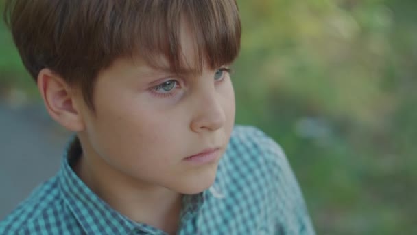 Retrato de rapaz da escola a pensar ao ar livre. 9 anos de idade crianças rosto com olhos verdes. — Vídeo de Stock